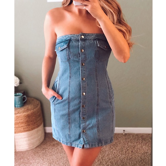[ Jenna ] Strapless Button Down Denim Mini - Picture 3 of 8